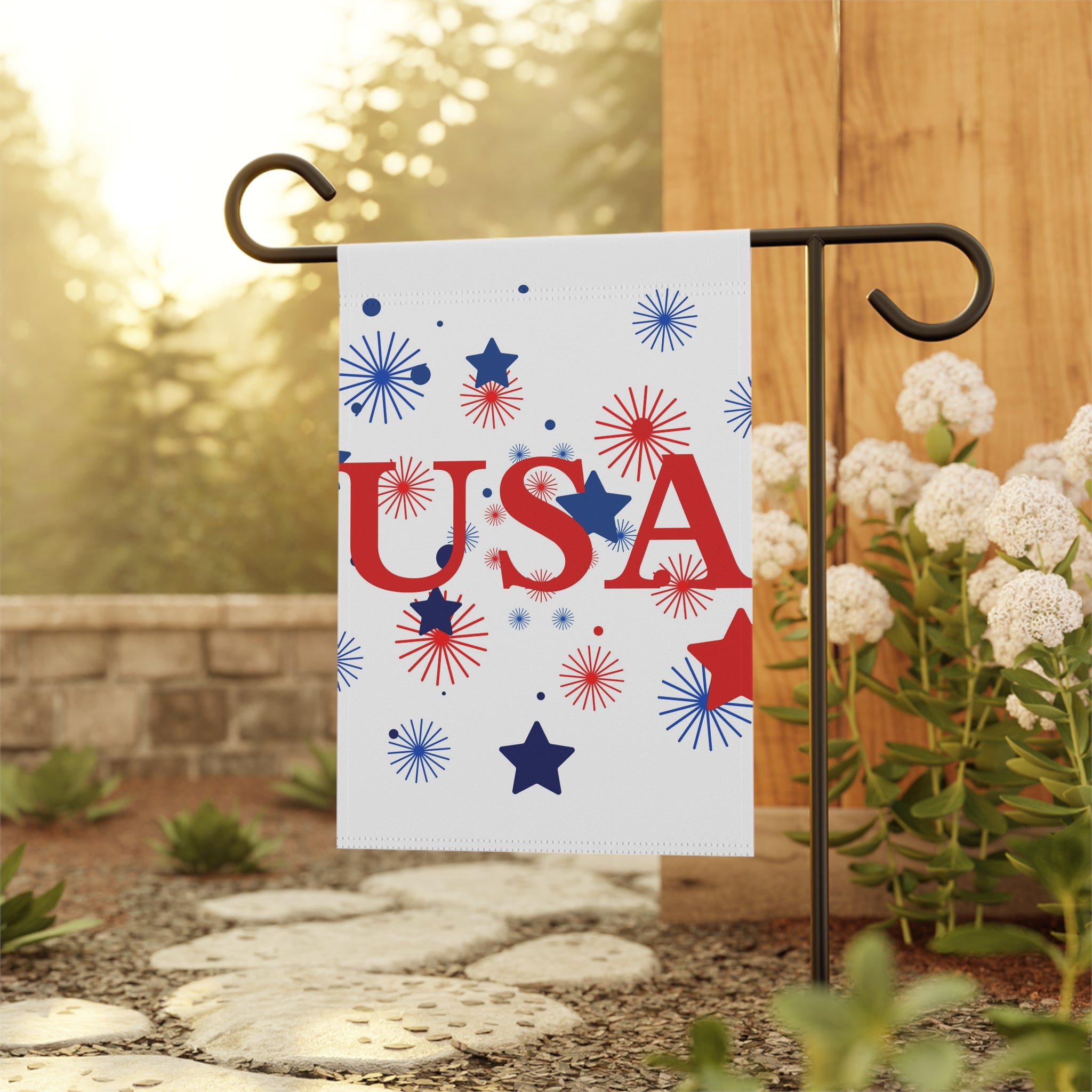USA Fireworks Garden Flag – Patriotic Red White Blue House Banner for 4th of July
